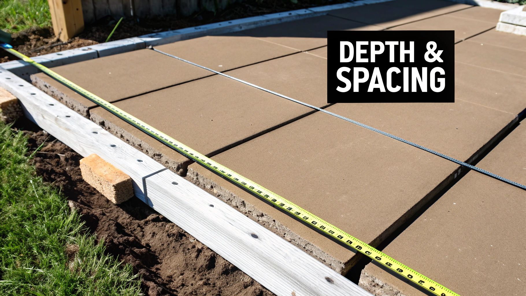 A diagram showing the correct depth and spacing for concrete saw cut joints on a driveway slab.