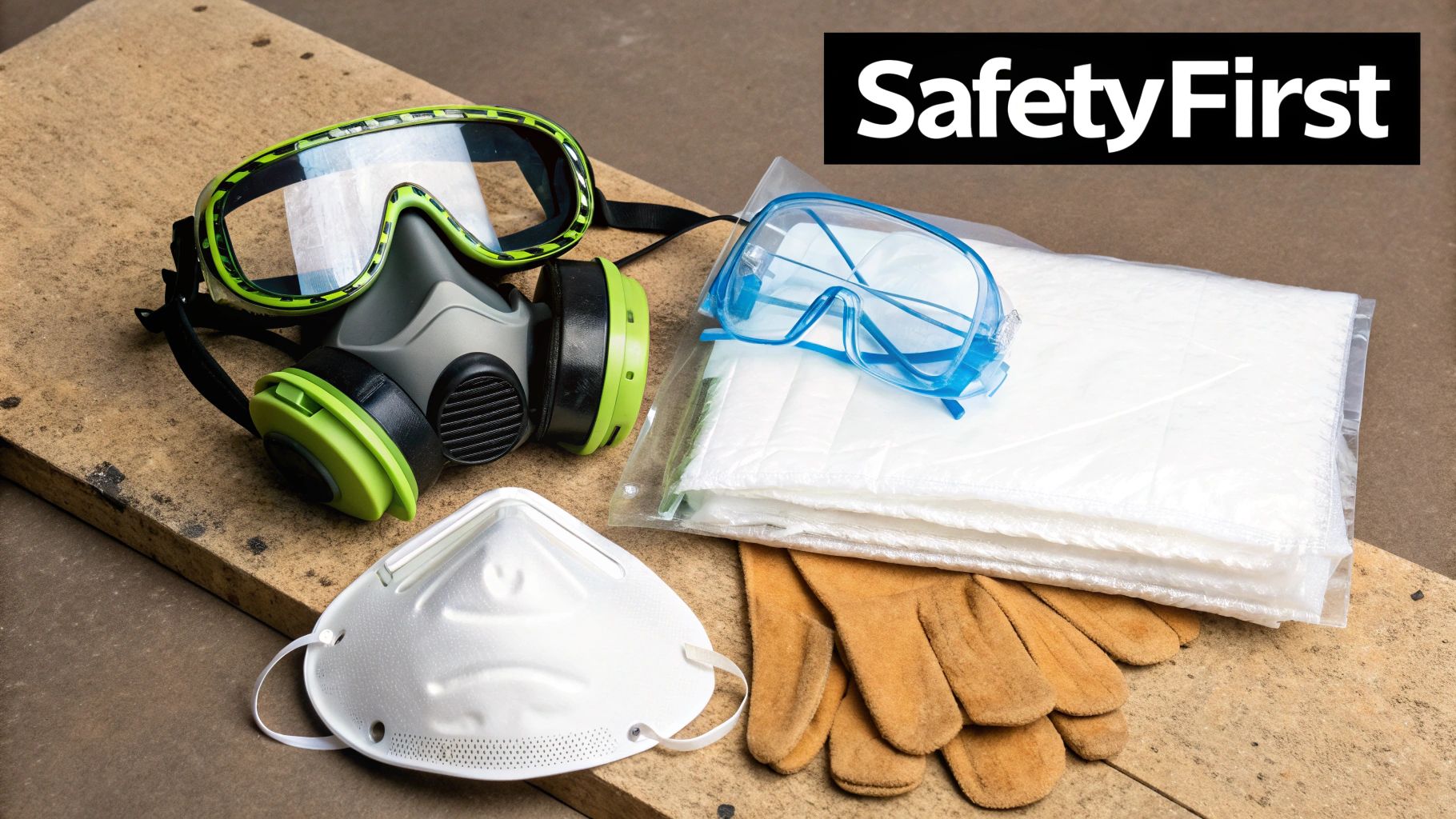 Various personal protective equipment (PPE) including a respirator, safety goggles, dust masks, and work gloves.