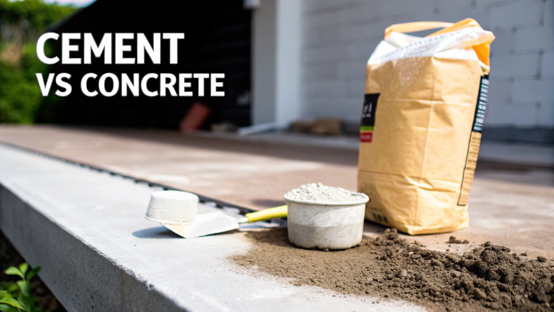 Bag of cement, measuring cup, tools, and dry mix on a concrete surface, highlighting cement vs. concrete.