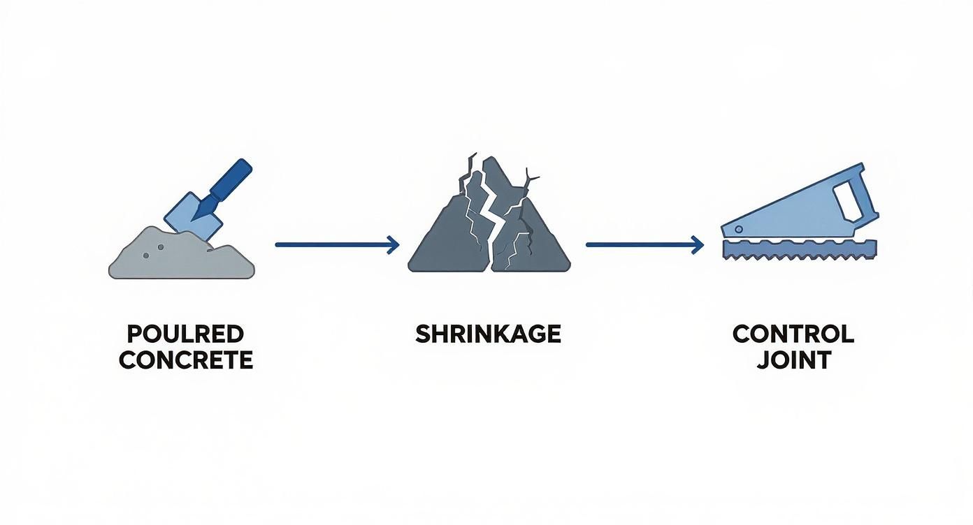 Infographic timeline showing poured concrete, then shrinkage causing cracks, and finally a saw cut joint controlling the crack