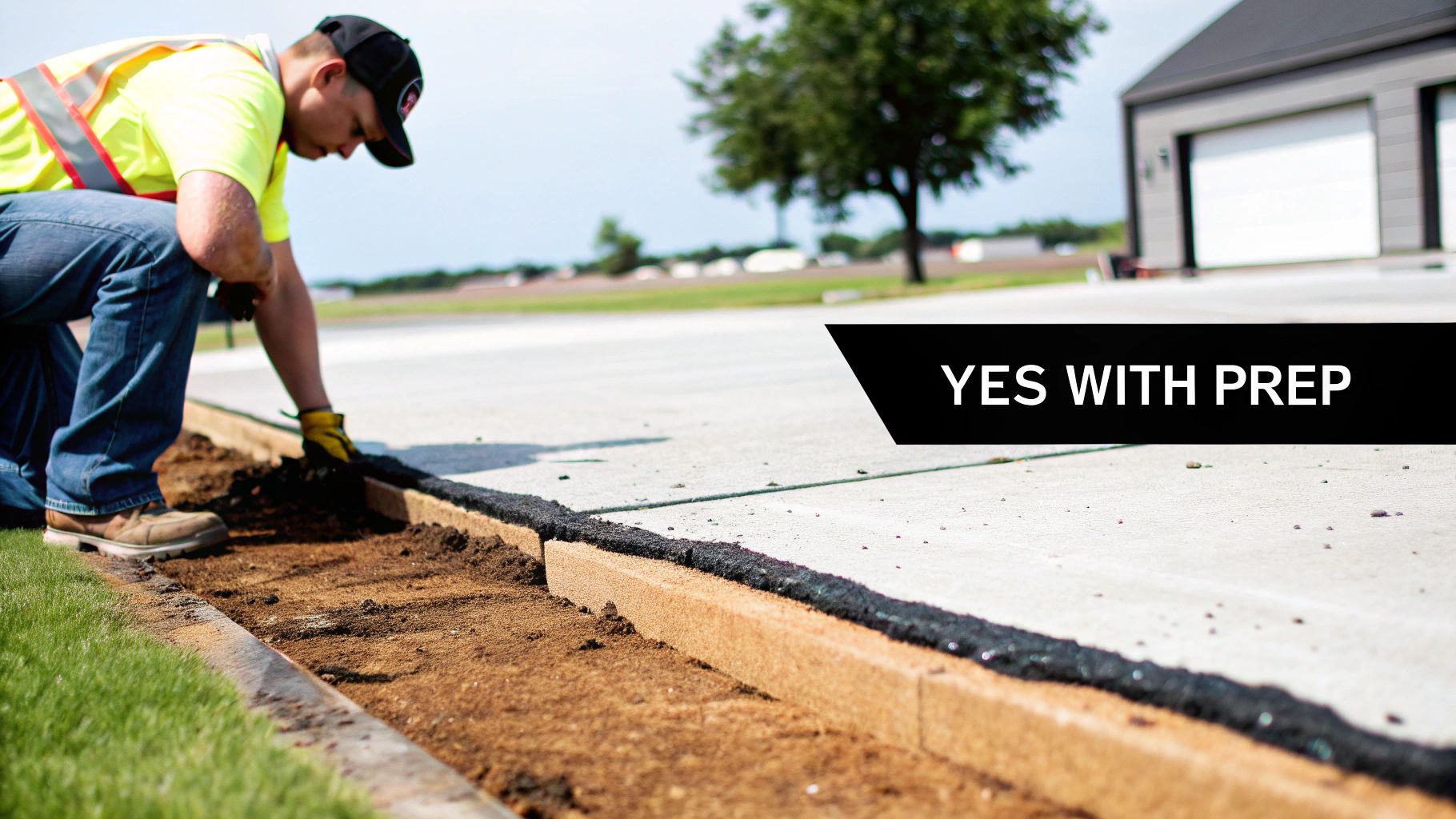 A newly paved asphalt driveway over an existing concrete base, showing a smooth, black surface.