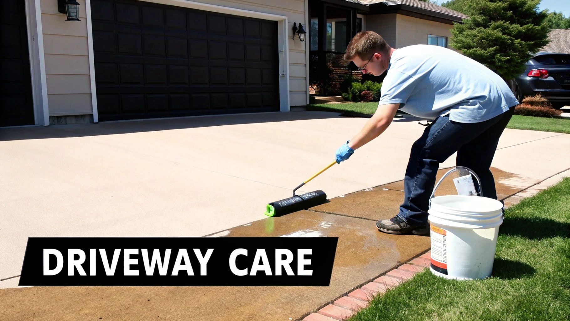 A man applies a sealer to a concrete driveway with a roller, performing driveway care.