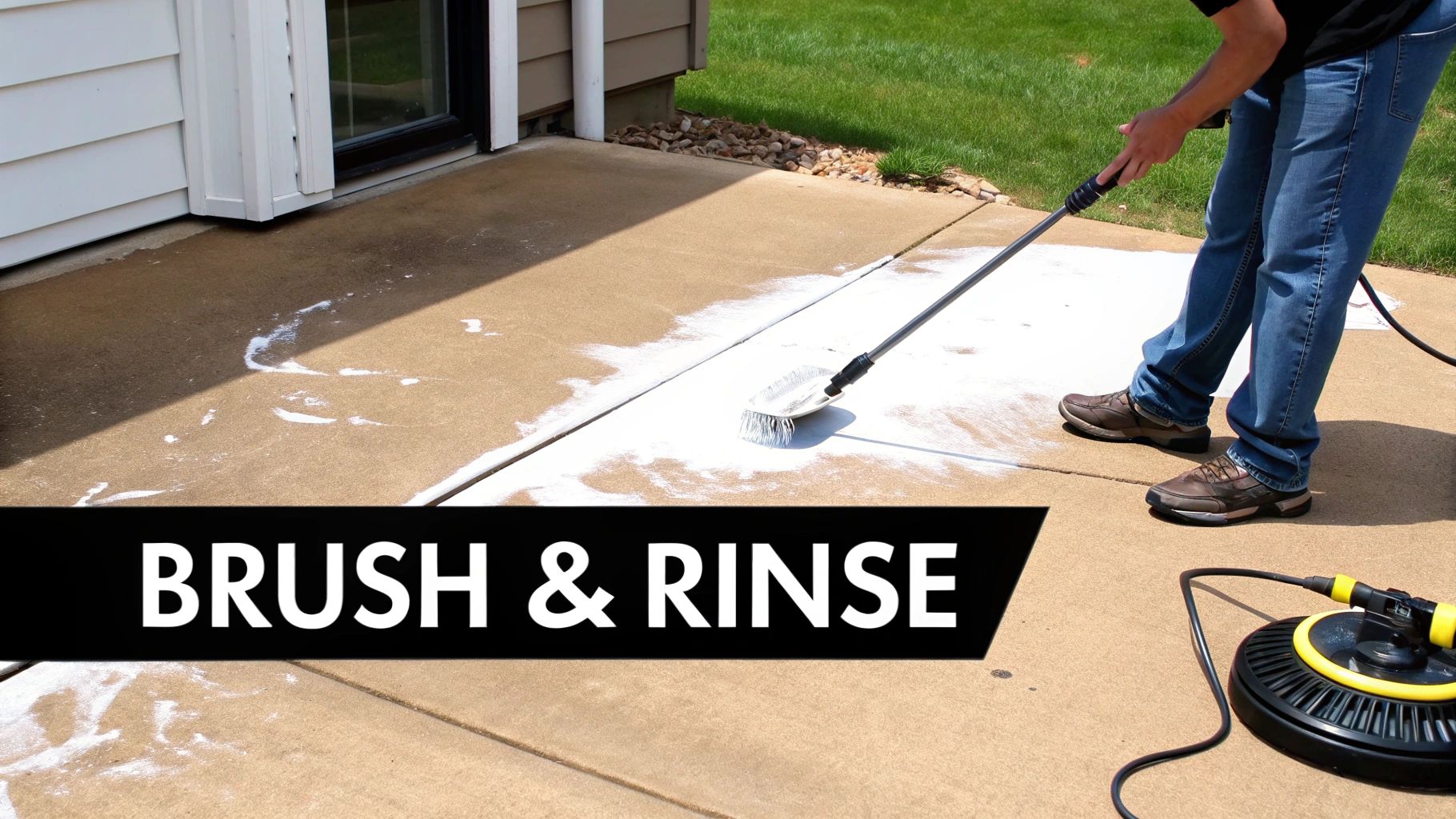 Person scrubbing a concrete patio with a long-handled brush and white cleaning solution.
