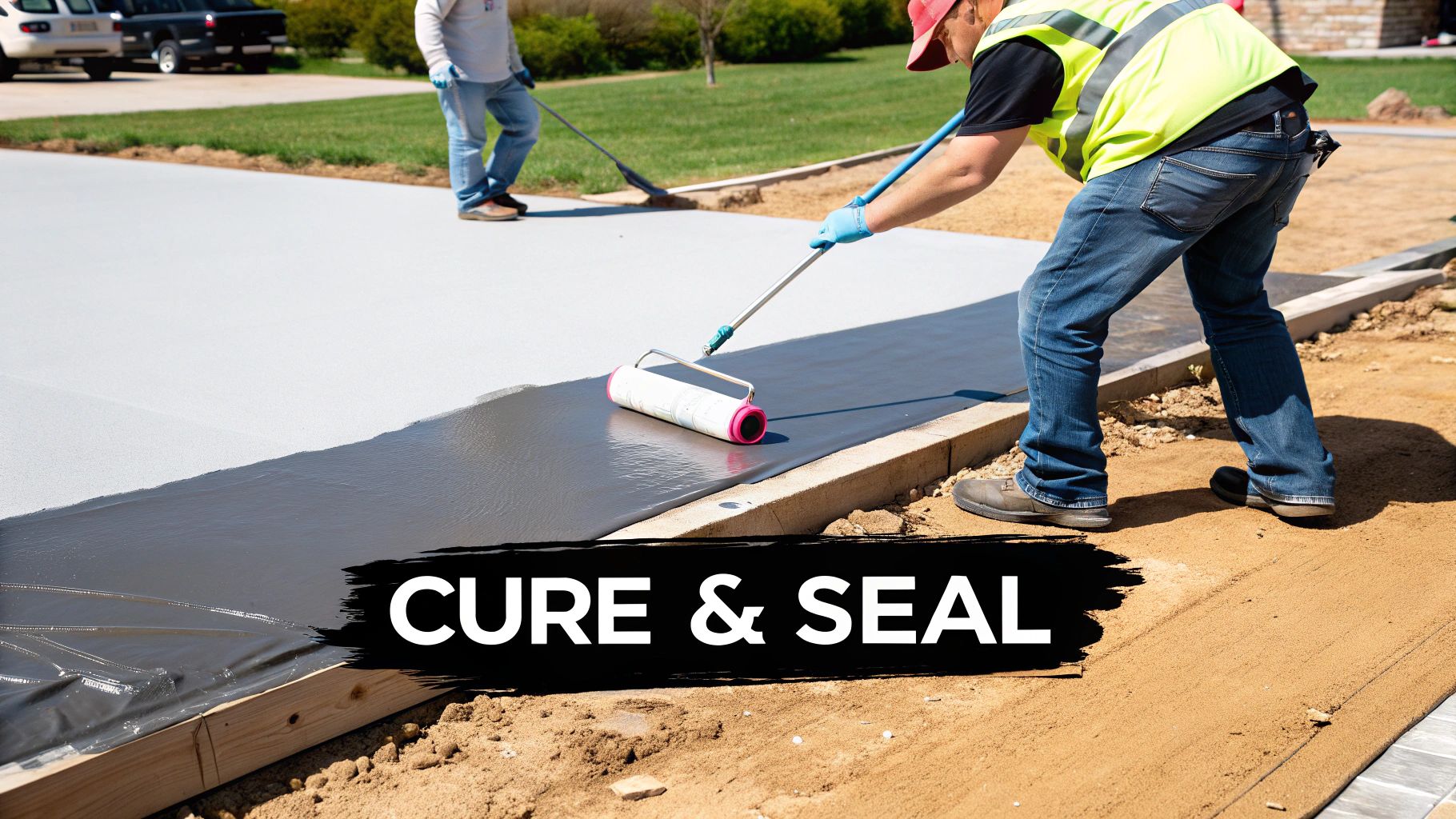 A worker applies a dark grey cure and seal product to a newly poured concrete surface.