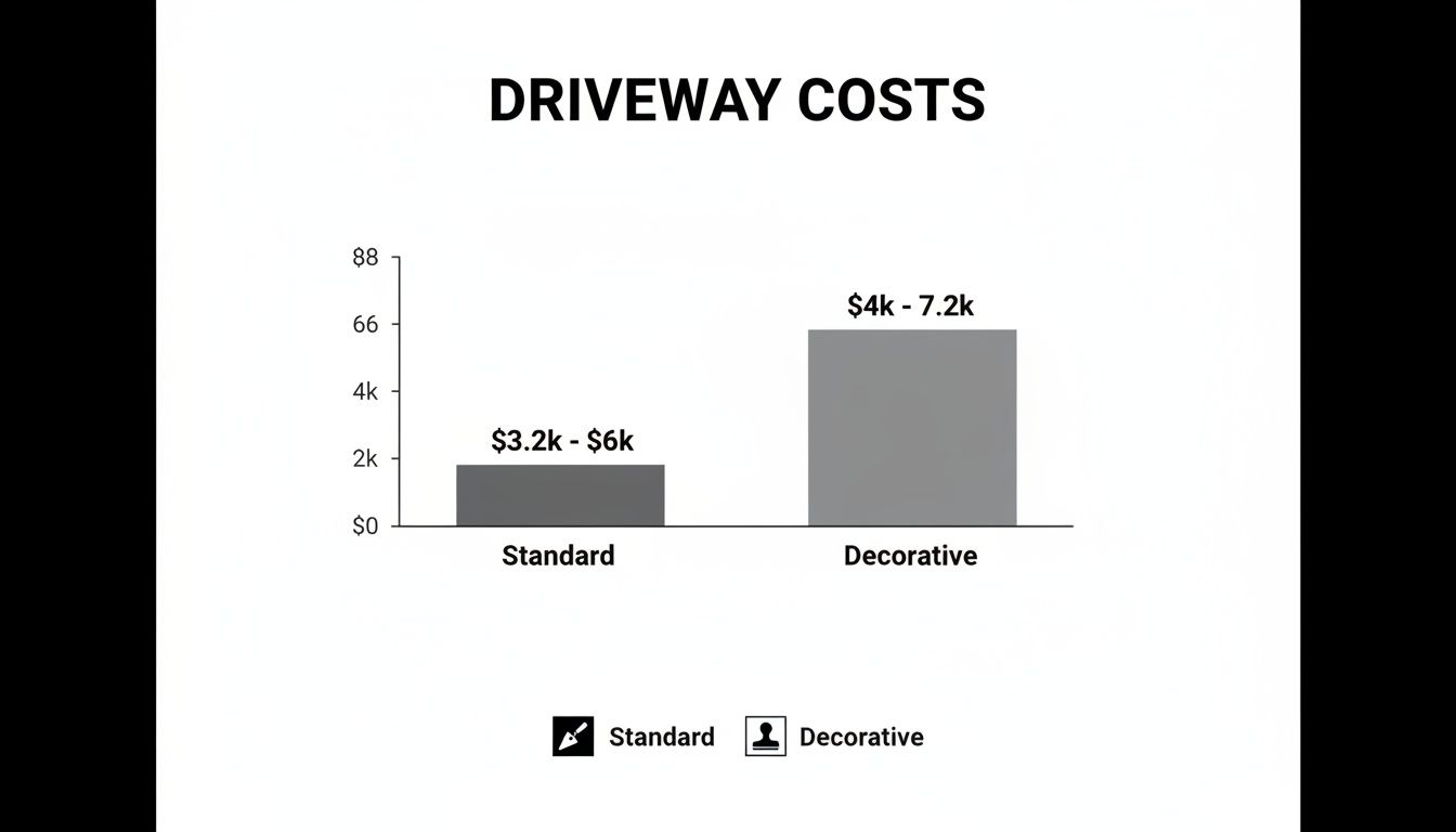 A bar chart illustrating driveway costs, with standard driveways costing $3.2k-$6k and decorative $4k-$7.2k.