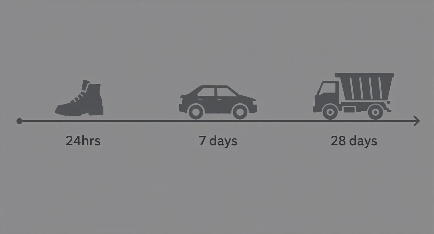 Timeline of concrete curing strength: boot (24hrs), car (7 days), and dump truck (28 days).