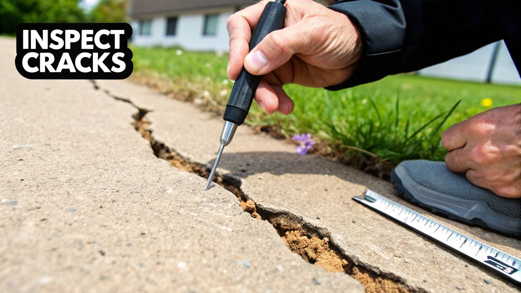 Person using screwdriver tool to inspect and measure crack in concrete driveway surface