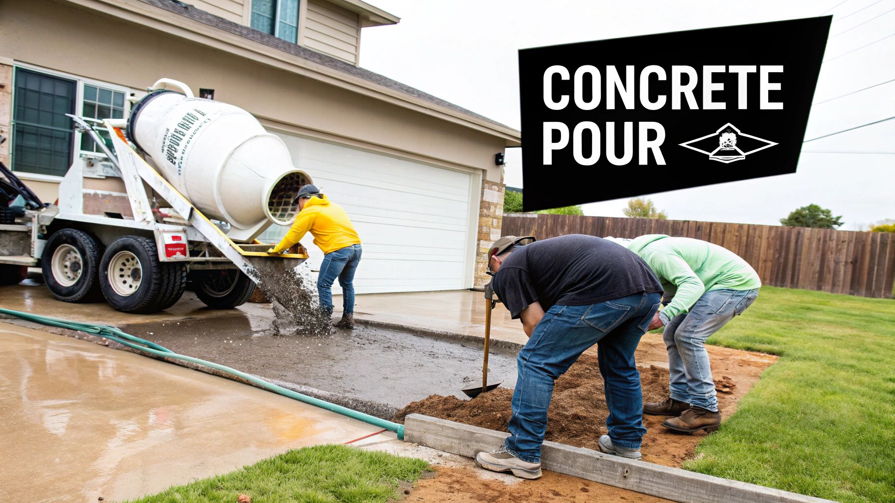 Construction workers pouring fresh concrete from a mixer truck for a new driveway beside a house.