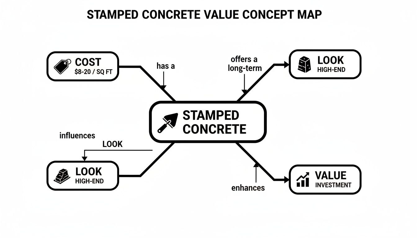 A concept map detailing the value of stamped concrete, showing its cost, high-end look, and investment value.