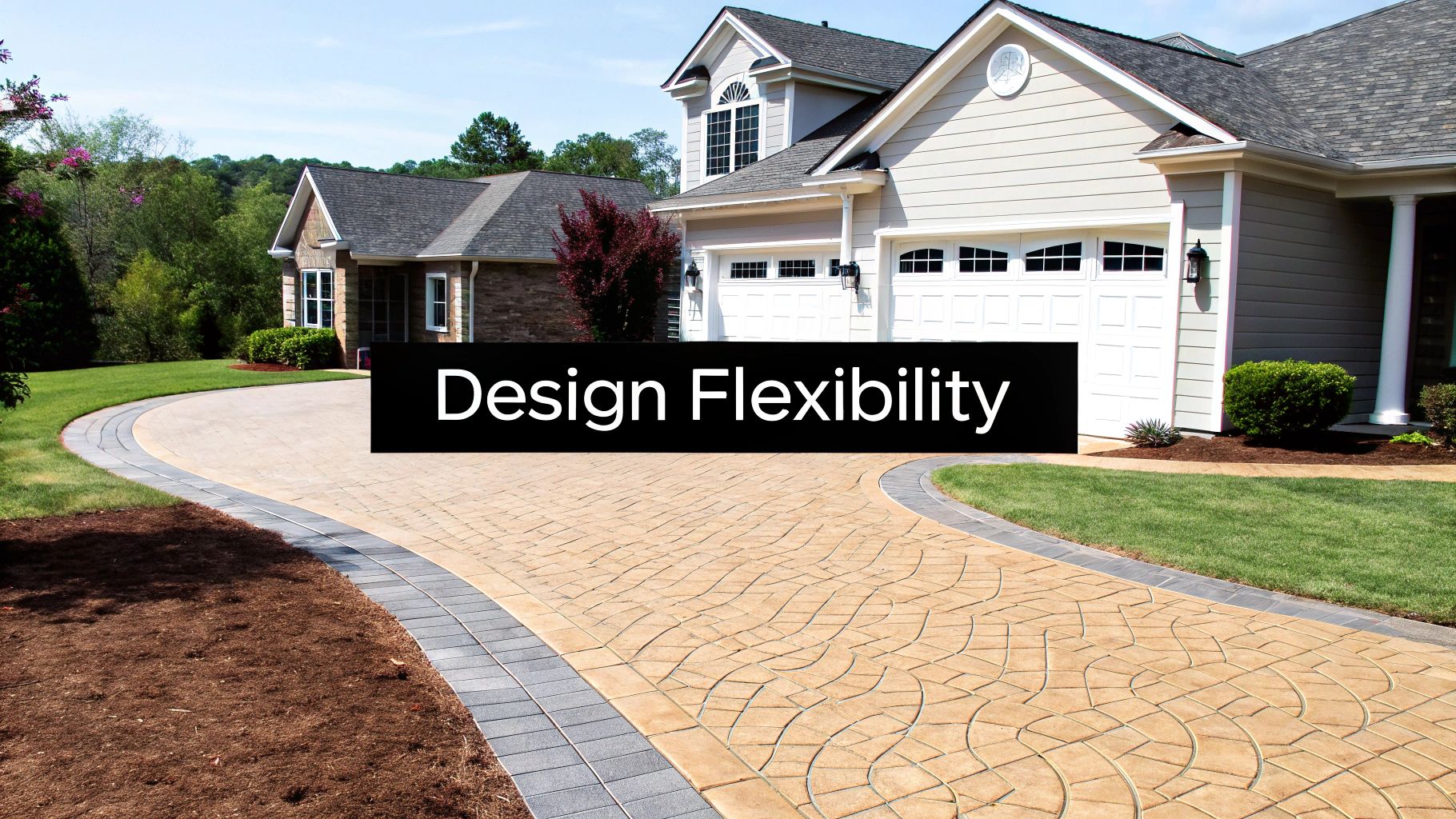 A large house with a decorative concrete driveway bordered by pavers, curving through a landscaped yard.