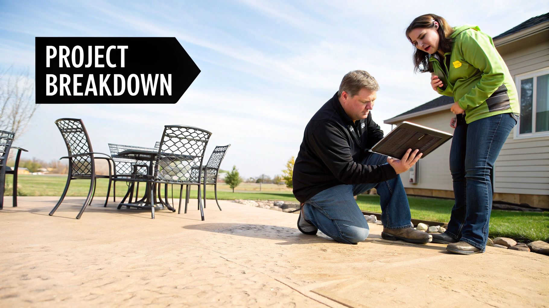 A man kneels and a woman stands, discussing a project on a new stamped concrete patio.