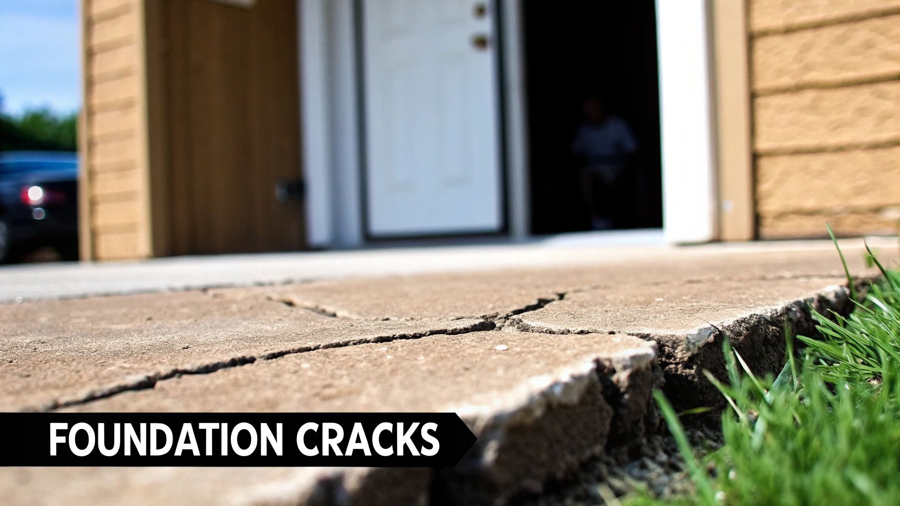 Close-up of severe cracks in a concrete patio slab in front of a house, with a 'FOUNDATION CRACKS' overlay.