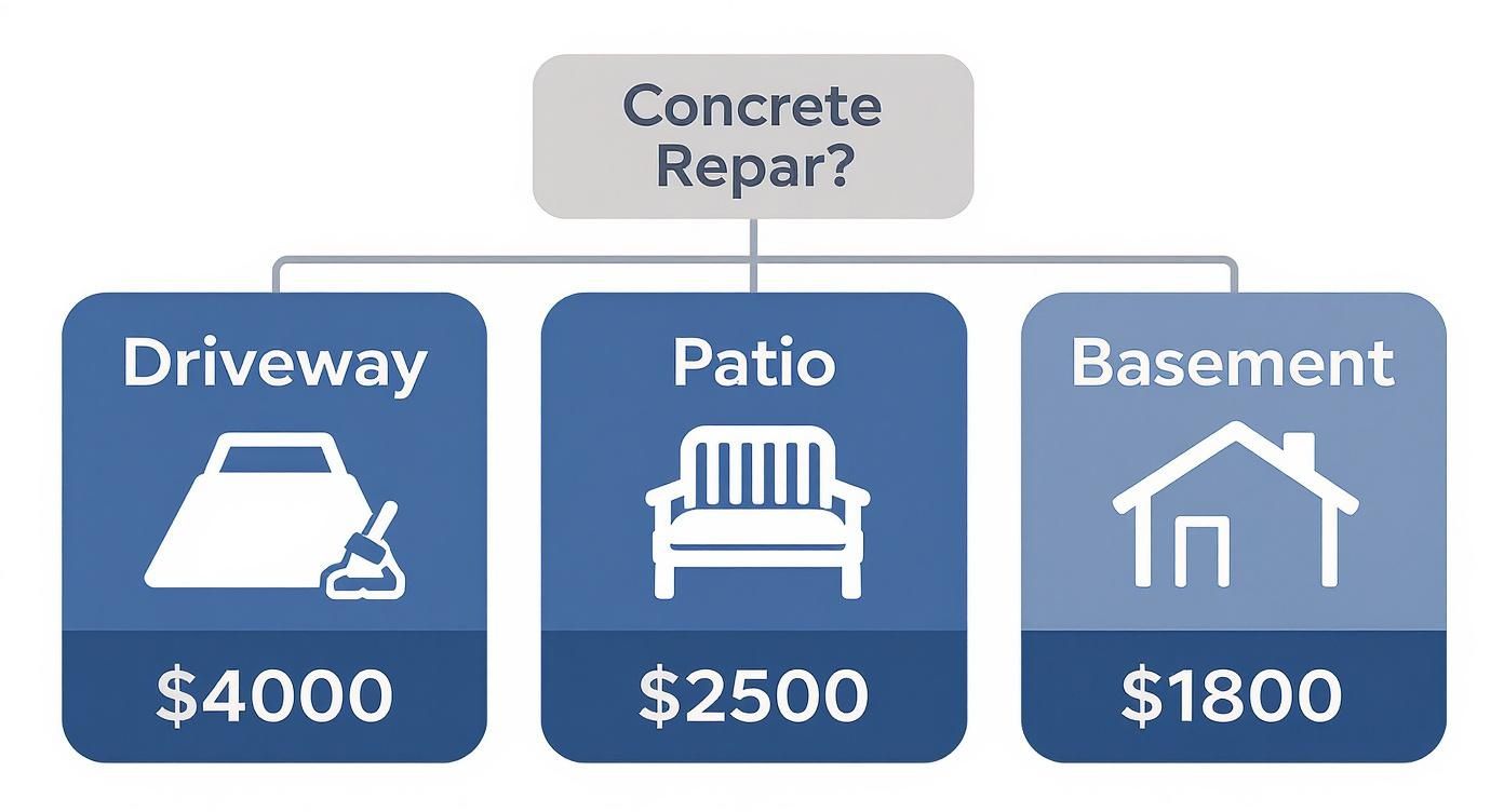 A flowchart illustrates concrete repair costs: driveway ($4000), patio ($2500), and basement ($1800).