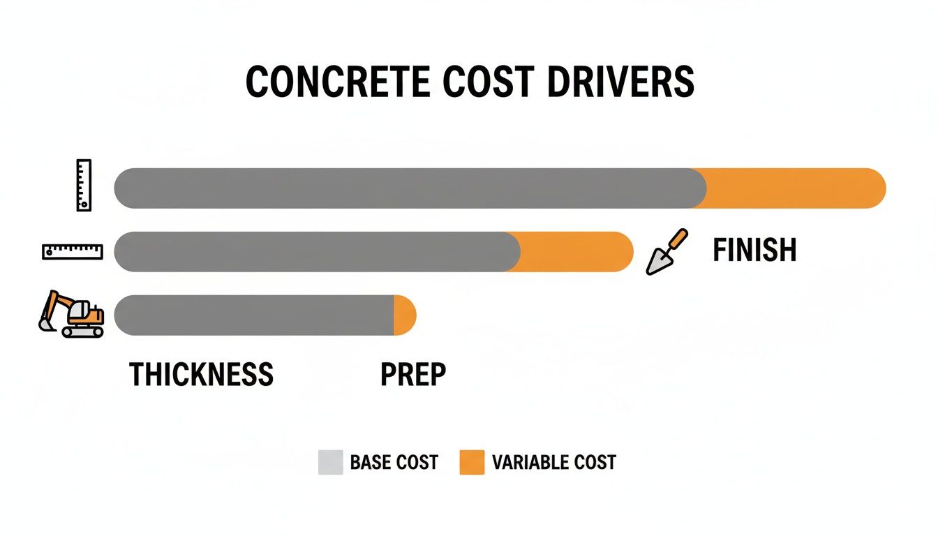 Bar chart illustrating concrete cost drivers: thickness, finish, and prep, showing base and variable costs.