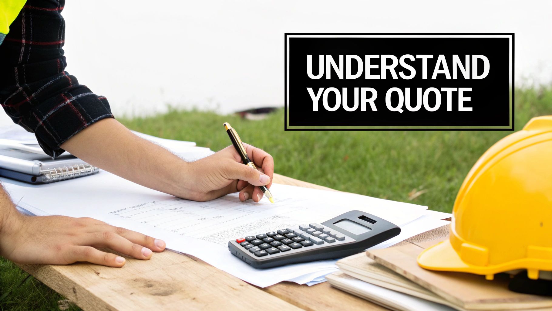 A person reviewing construction quotes, writing on documents with a calculator and hard hat outdoors.