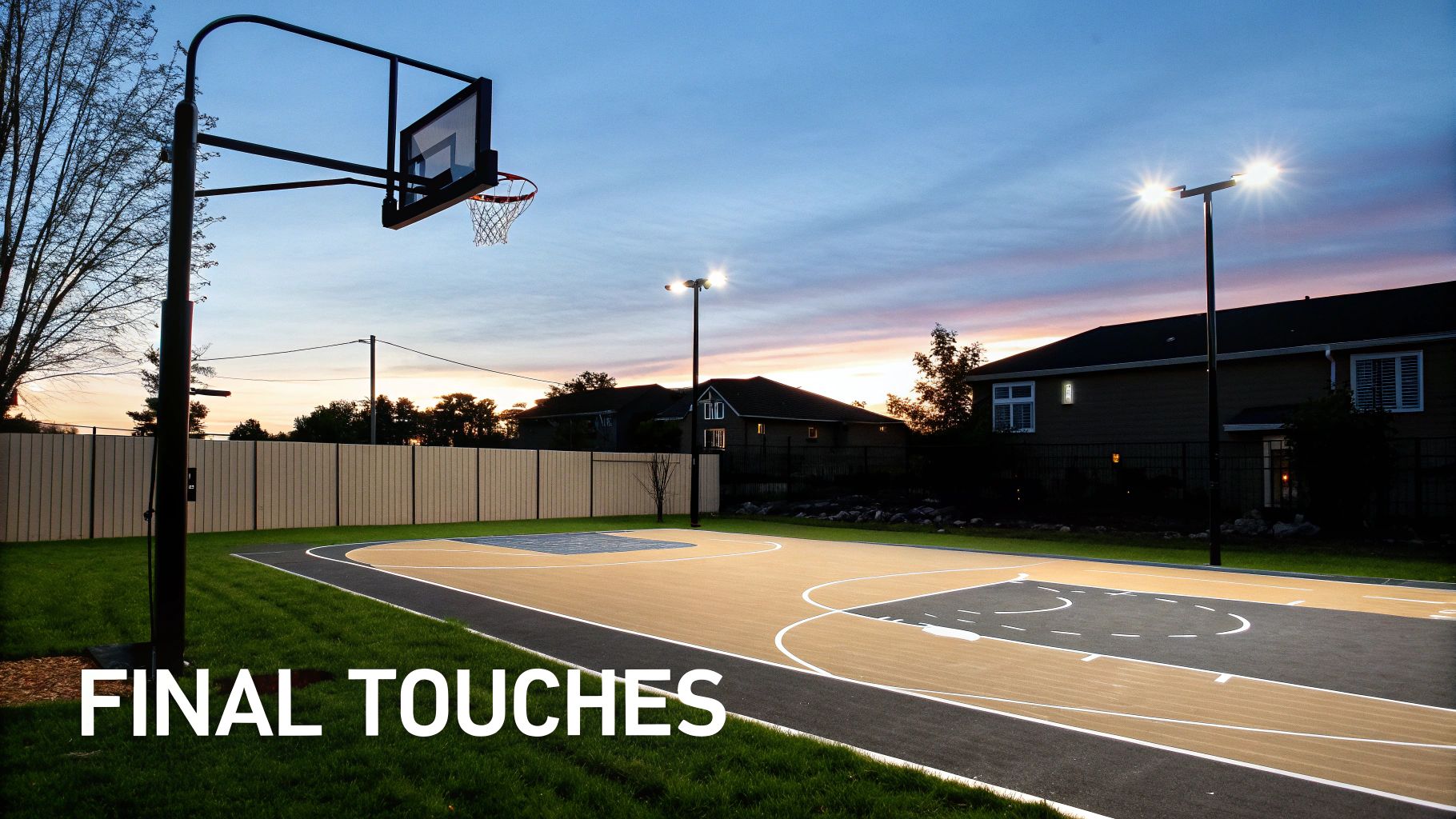 Stunning outdoor basketball court with a hoop and bright lights under a sunset sky.
