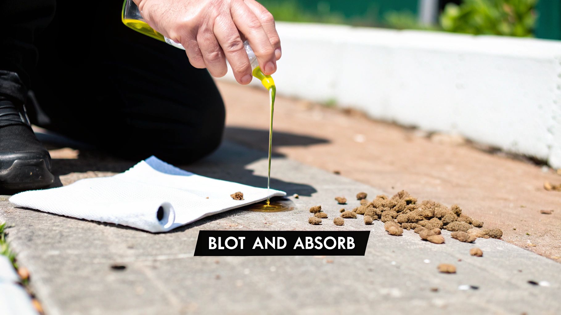 A person pours yellow oil onto concrete next to a white paper towel for blotting and absorbing.