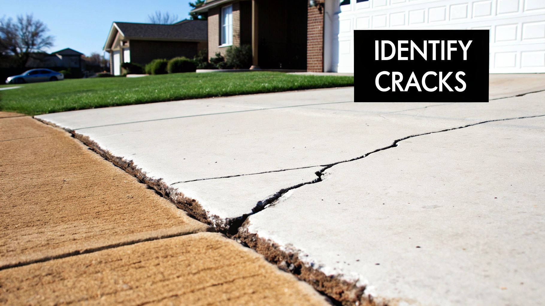 A closeup of a cracked concrete driveway, showing various types of damage.