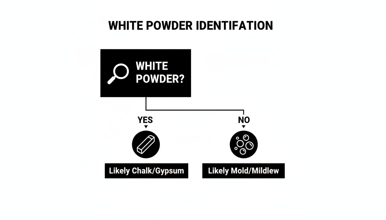 Flowchart for identifying white powder, differentiating between chalk/gypsum and mold/mildew based on presence.