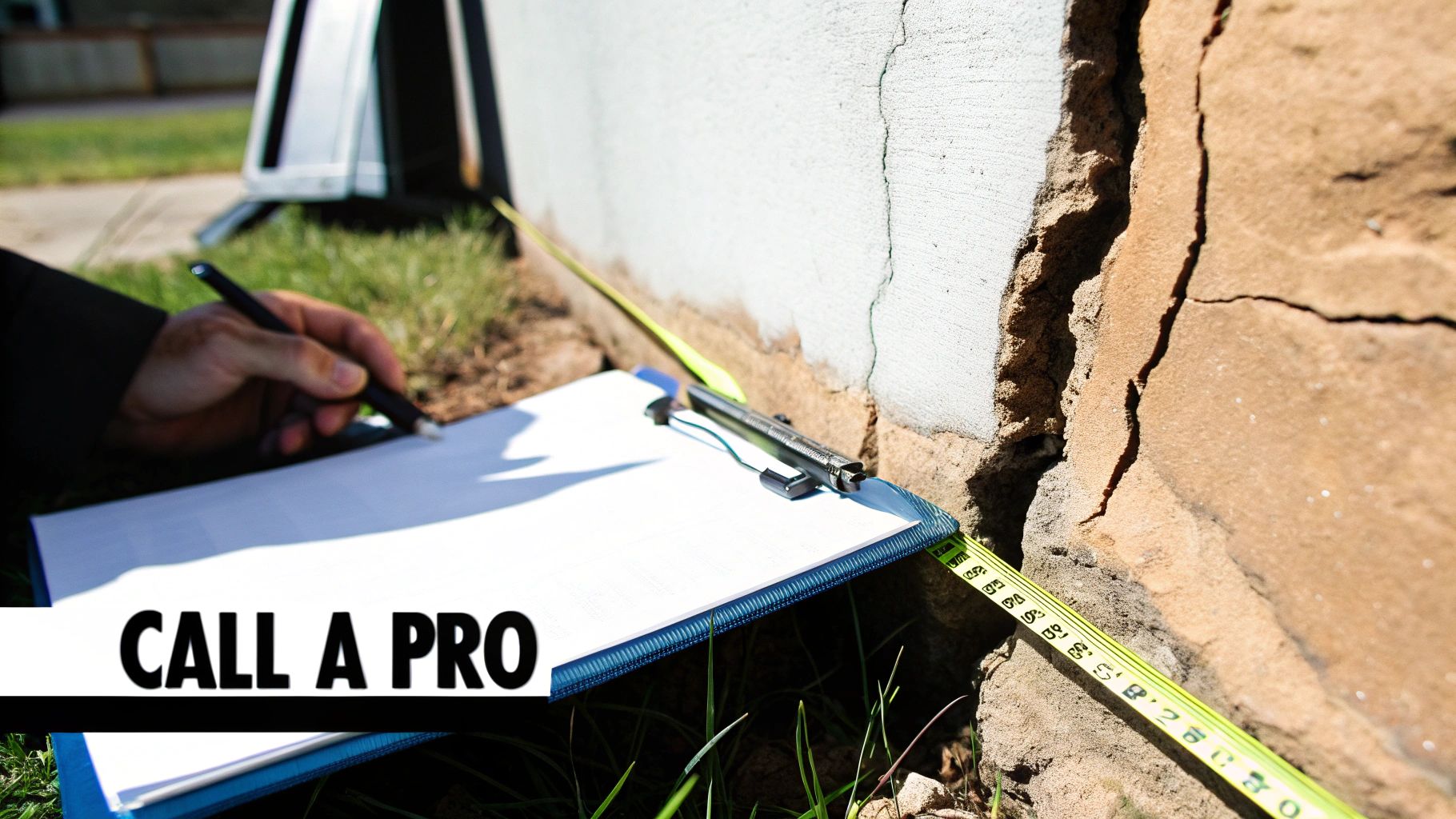Professional inspecting and measuring a large crack in a concrete foundation wall with a tape measure.