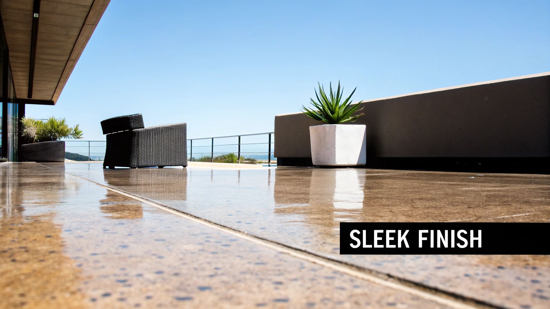 Polished concrete patio with modern outdoor furniture and planters overlooking ocean view