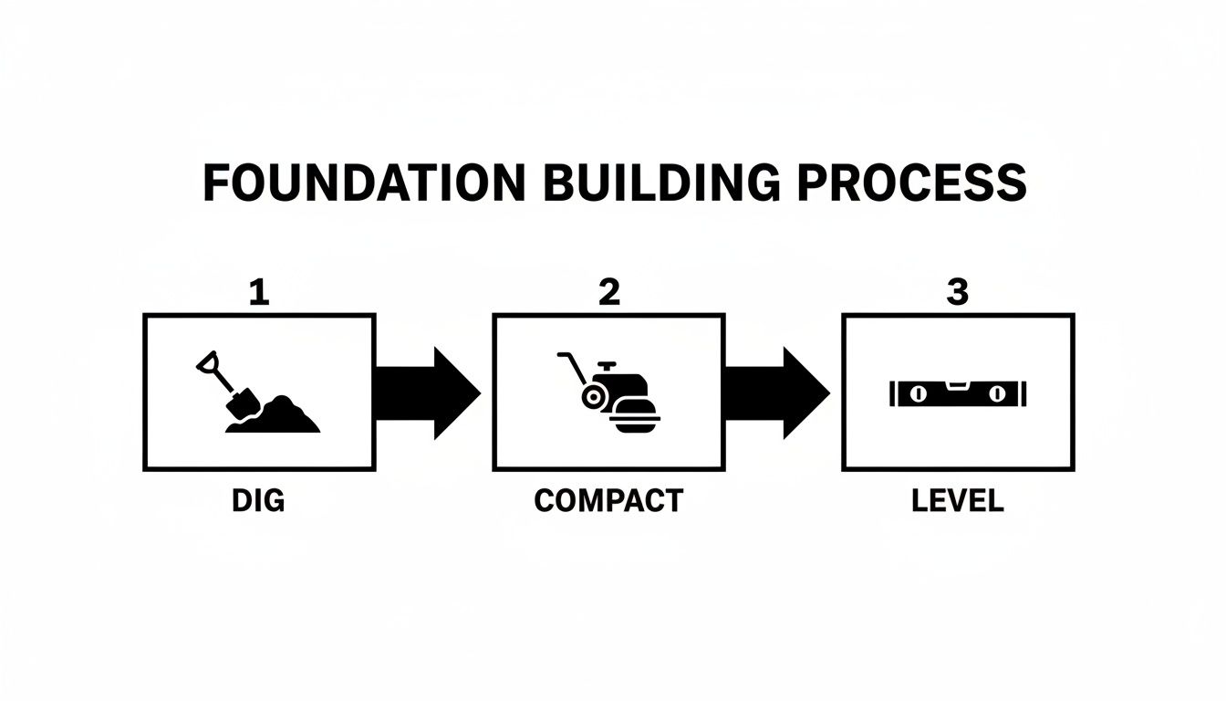 Diagram illustrating a three-step foundation building process: dig, compact, and level, with icons.