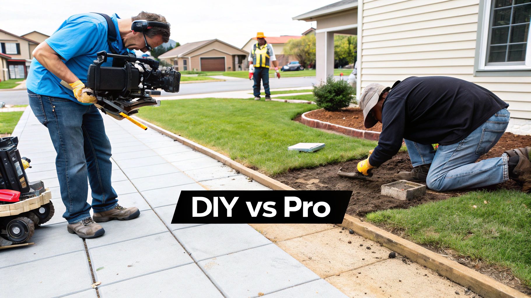 A professional cameraman films someone doing a DIY landscaping project next to a sidewalk.