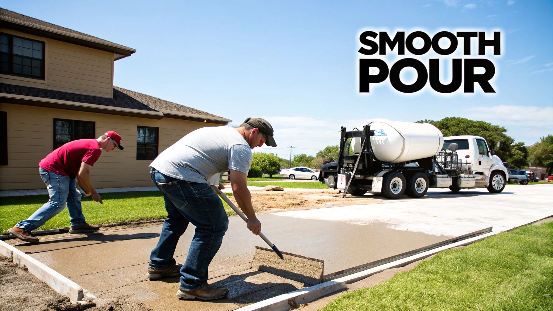 Two men are working together to pour and level concrete for a new driveway beside a house.