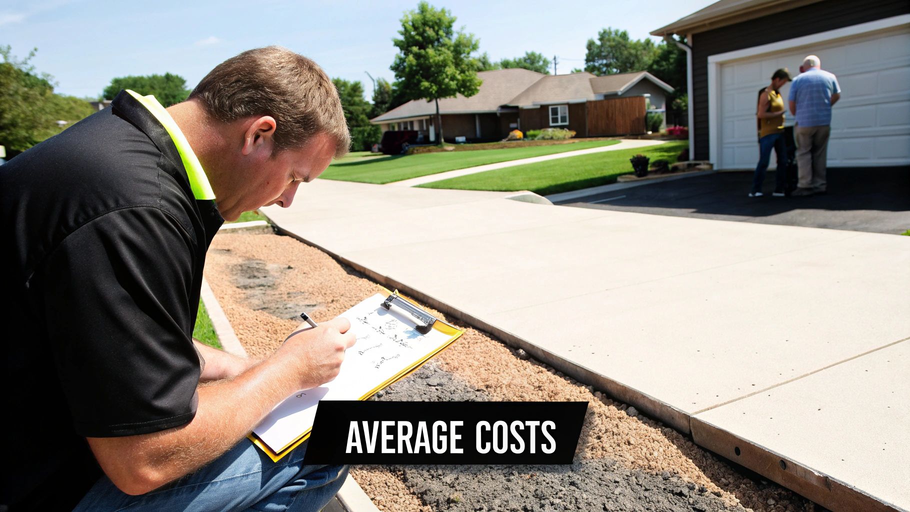 A man in a black shirt inspects a concrete driveway and writes notes on a clipboard, discussing average costs.