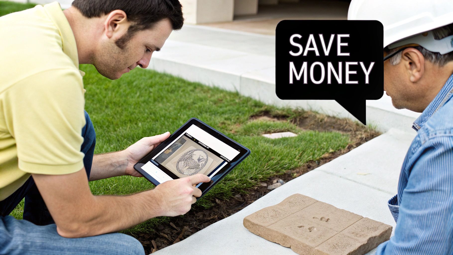 Two men, one reviewing stamped concrete designs on a tablet while discussing options with a contractor to save money.