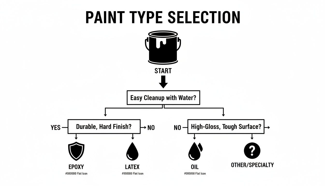 A flowchart for paint type selection, guiding users based on cleanup, finish durability, and surface gloss.