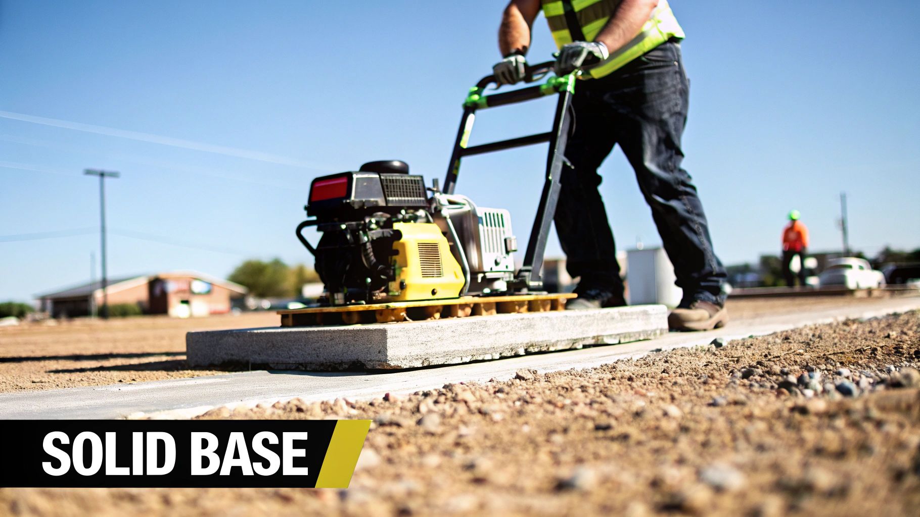 A construction worker uses a plate compactor on a concrete base for a solid foundation.