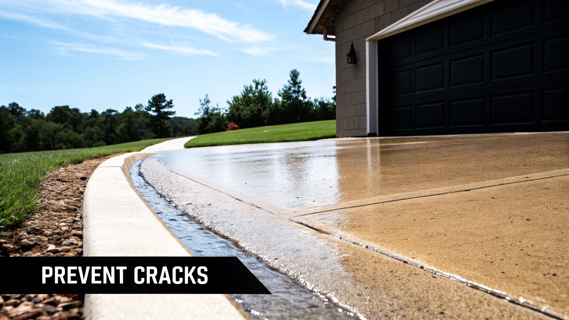 A freshly sealed concrete driveway, looking clean and protected from the elements.