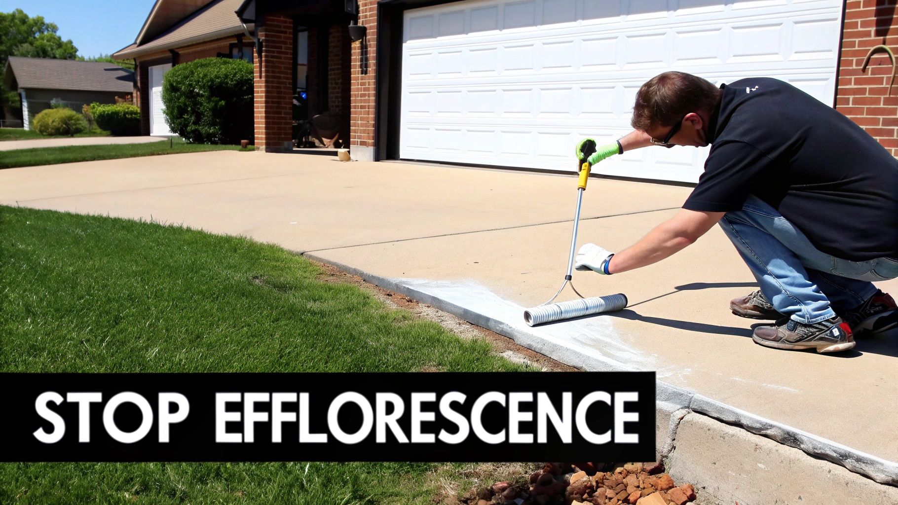 A man in gloves and glasses applies efflorescence remover to a concrete driveway with a roller.