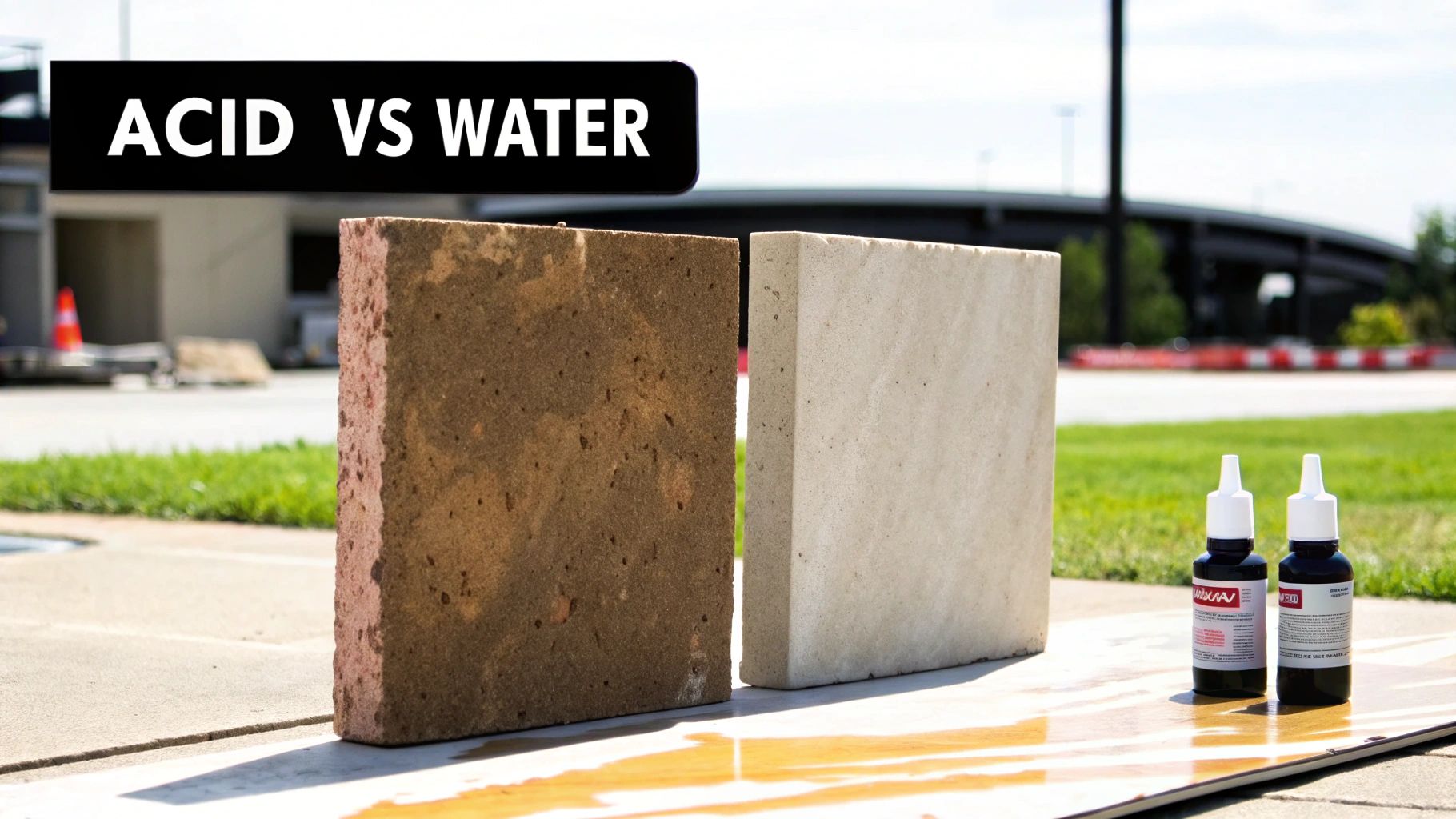 Concrete blocks, one brown and one light-colored, with 'ACID VS WATER' overlay, showing a comparison test outdoors.