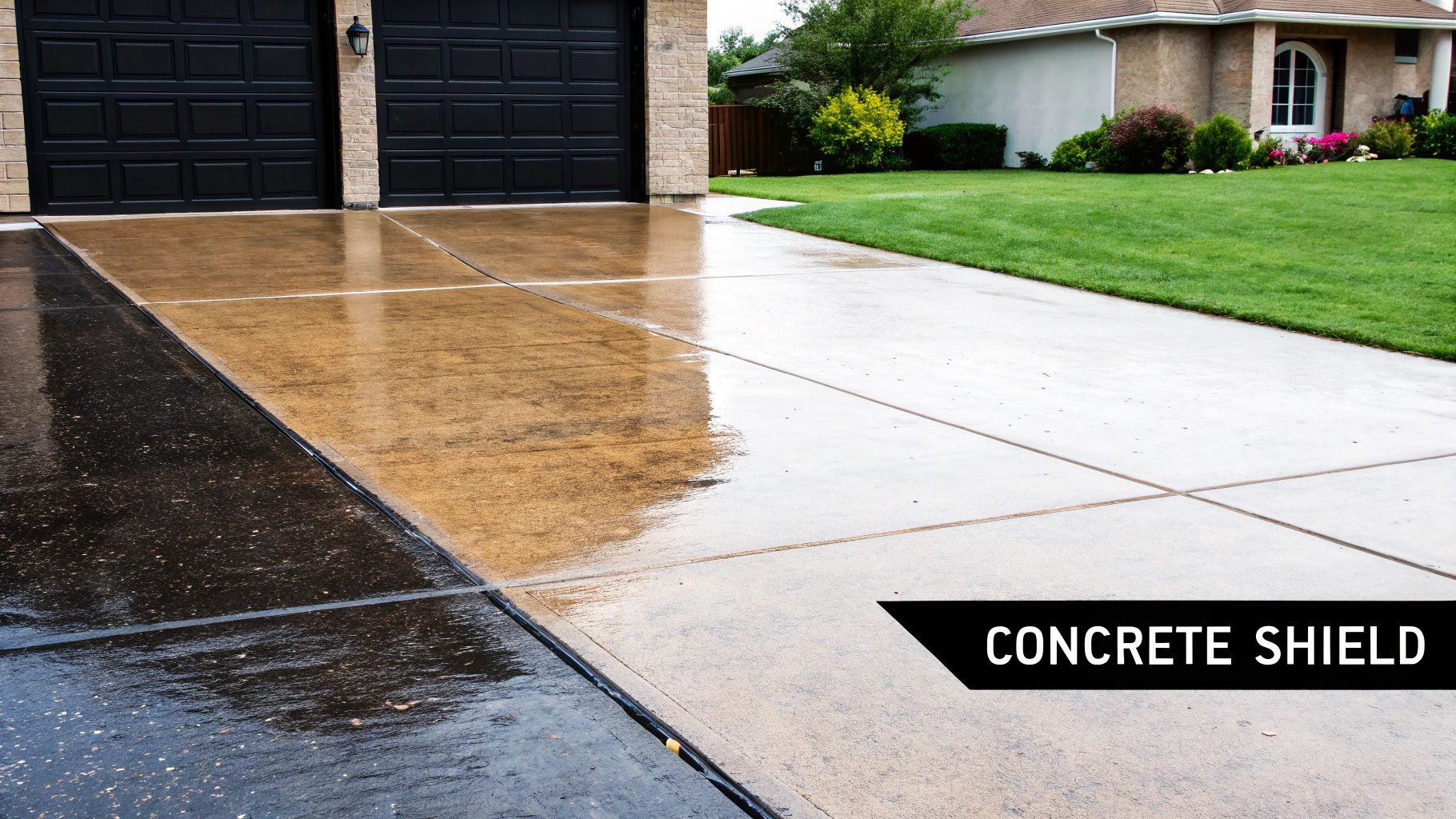 A concrete driveway illustrating a clear division between wet, darker concrete and lighter, sealed concrete, with a house in the background.