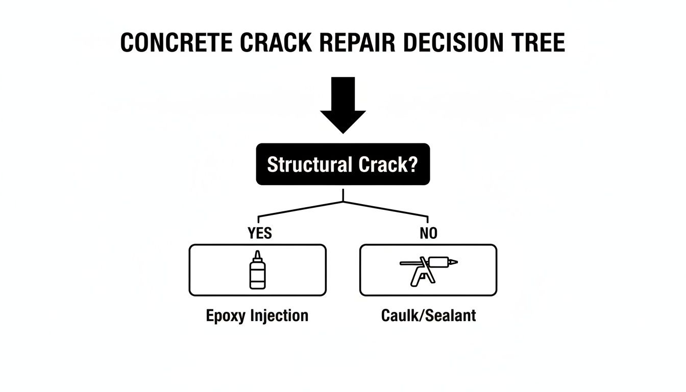 Concrete crack repair decision tree. Structural cracks require epoxy injection, while non-structural cracks use caulk/sealant.