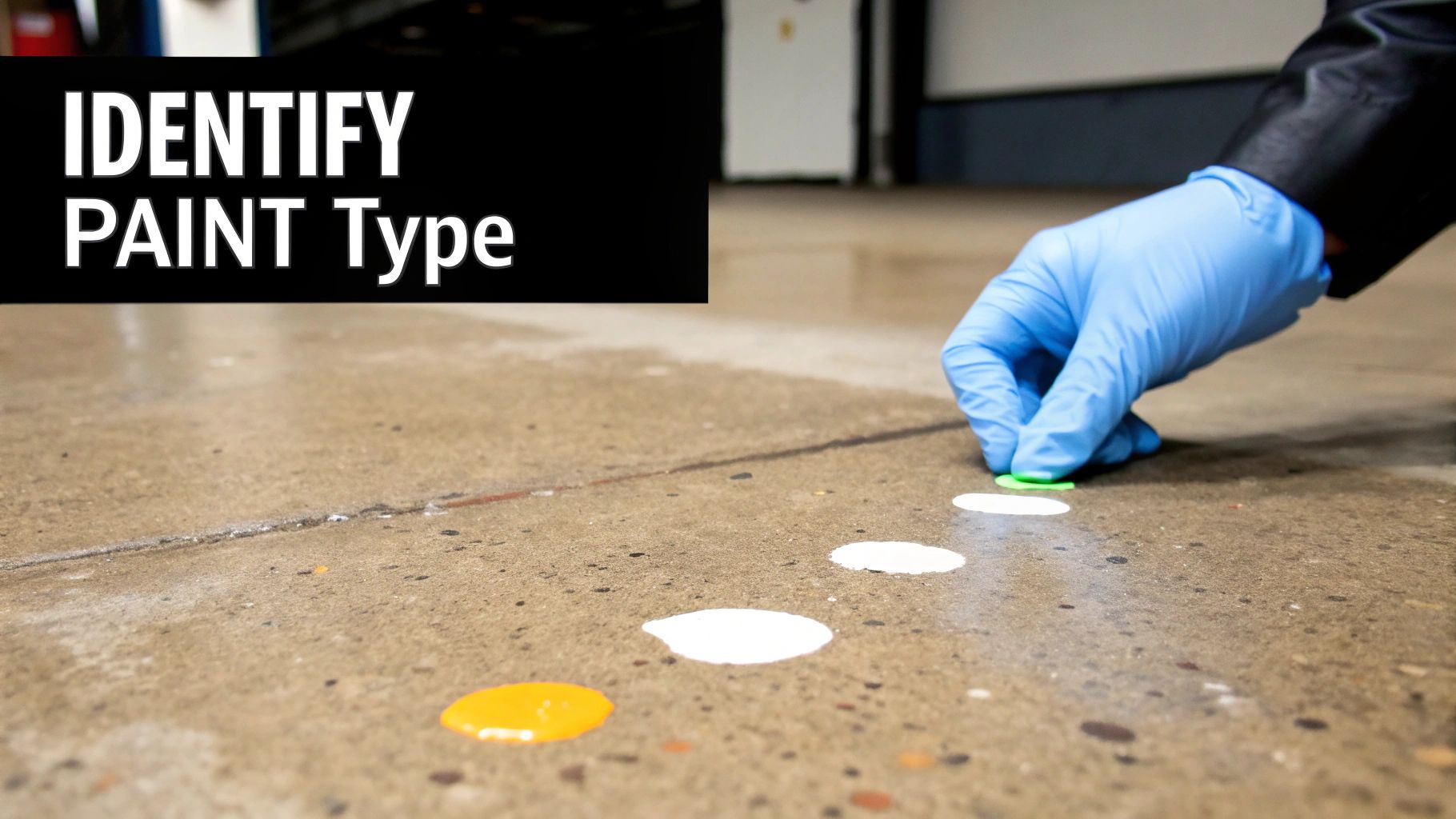 A gloved hand testing various paint drops on a concrete floor to identify the paint type.