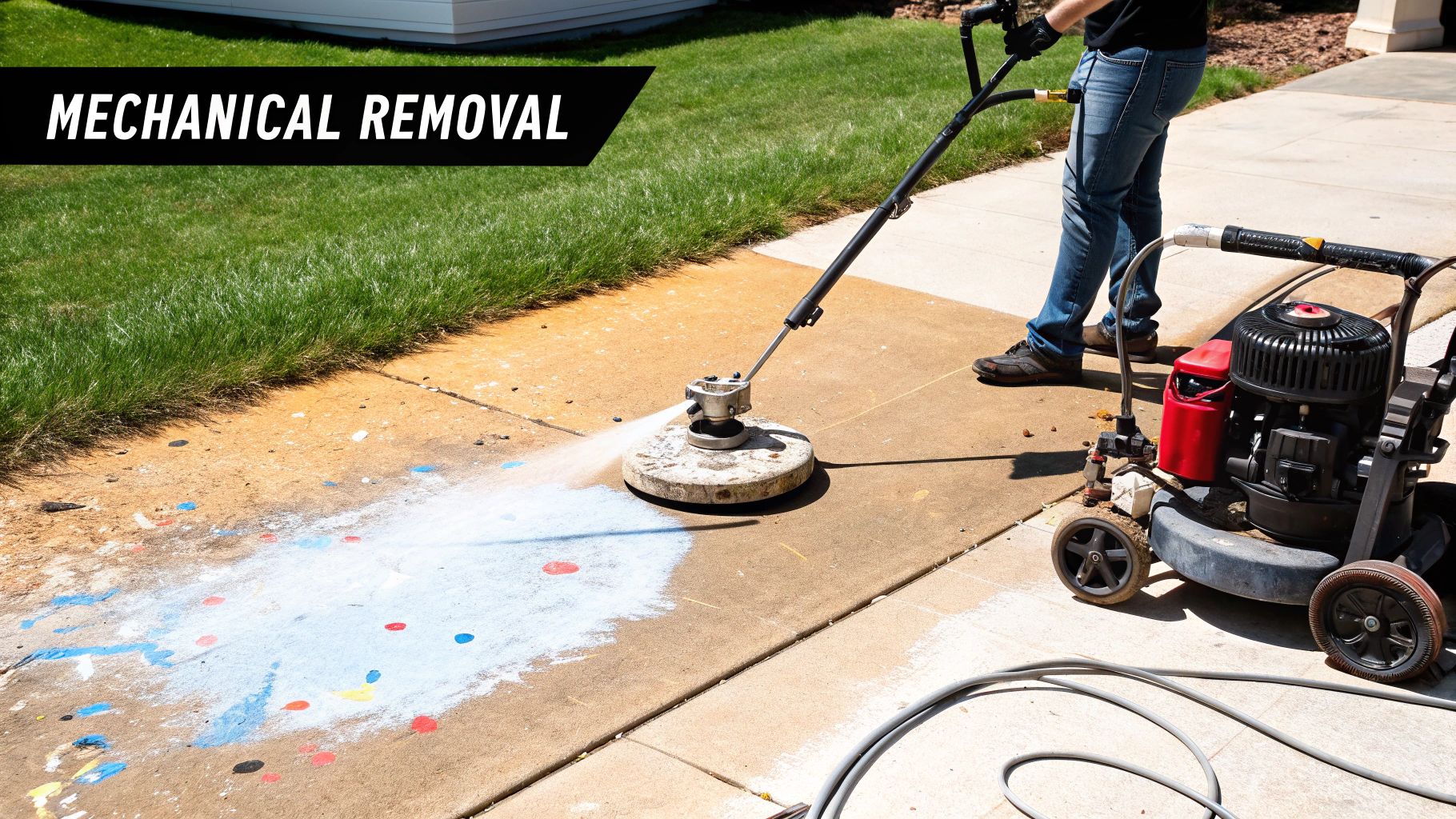 A person uses a pressure washer surface cleaner to remove colorful paint splatters from a concrete surface, labeled "MECHANICAL REMOVAL".