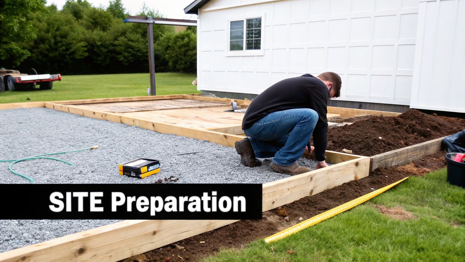 A person preparing a construction site with gravel and wooden borders, next to a white building.