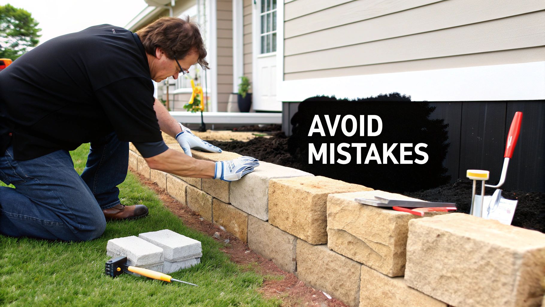 A man in work gloves is kneeling and building a block retaining wall for home improvement.