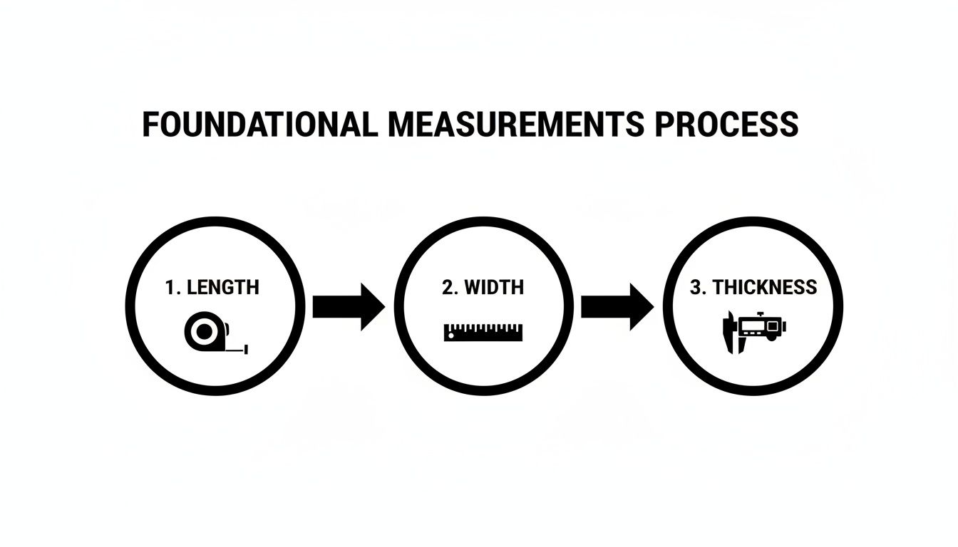 A diagram illustrating the foundational measurements process: length, width, and thickness.