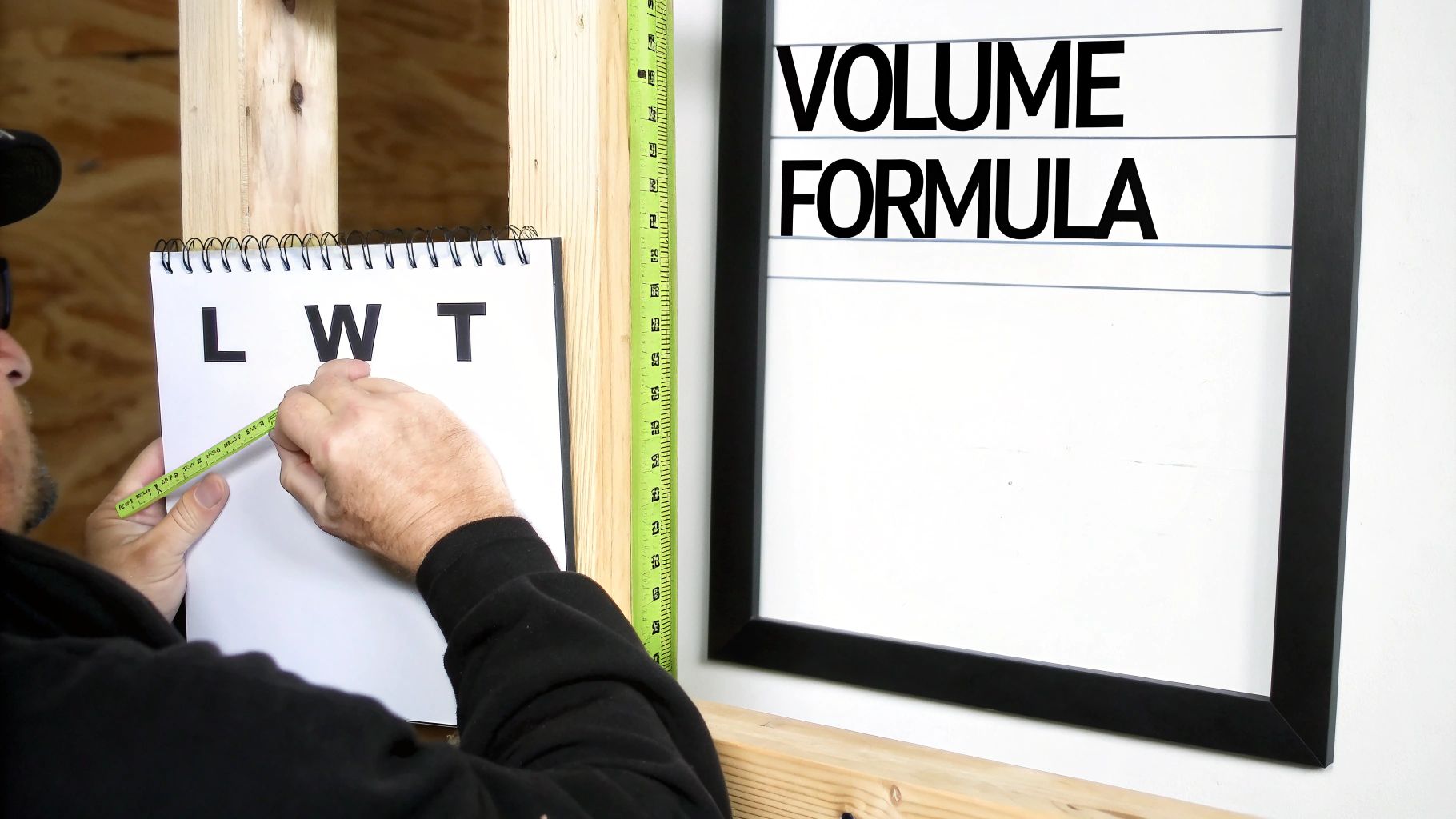 A person points to 'LWT' in a notebook with a measuring pencil, near a 'VOLUME FORMULA' board.