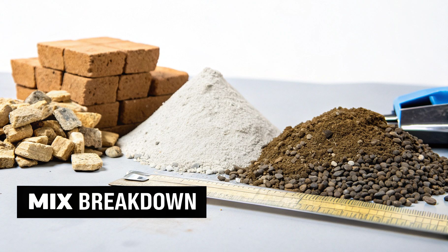 A mix of construction or gardening materials including blocks, gravel, a pile of powder, and granular soil, with a ruler.