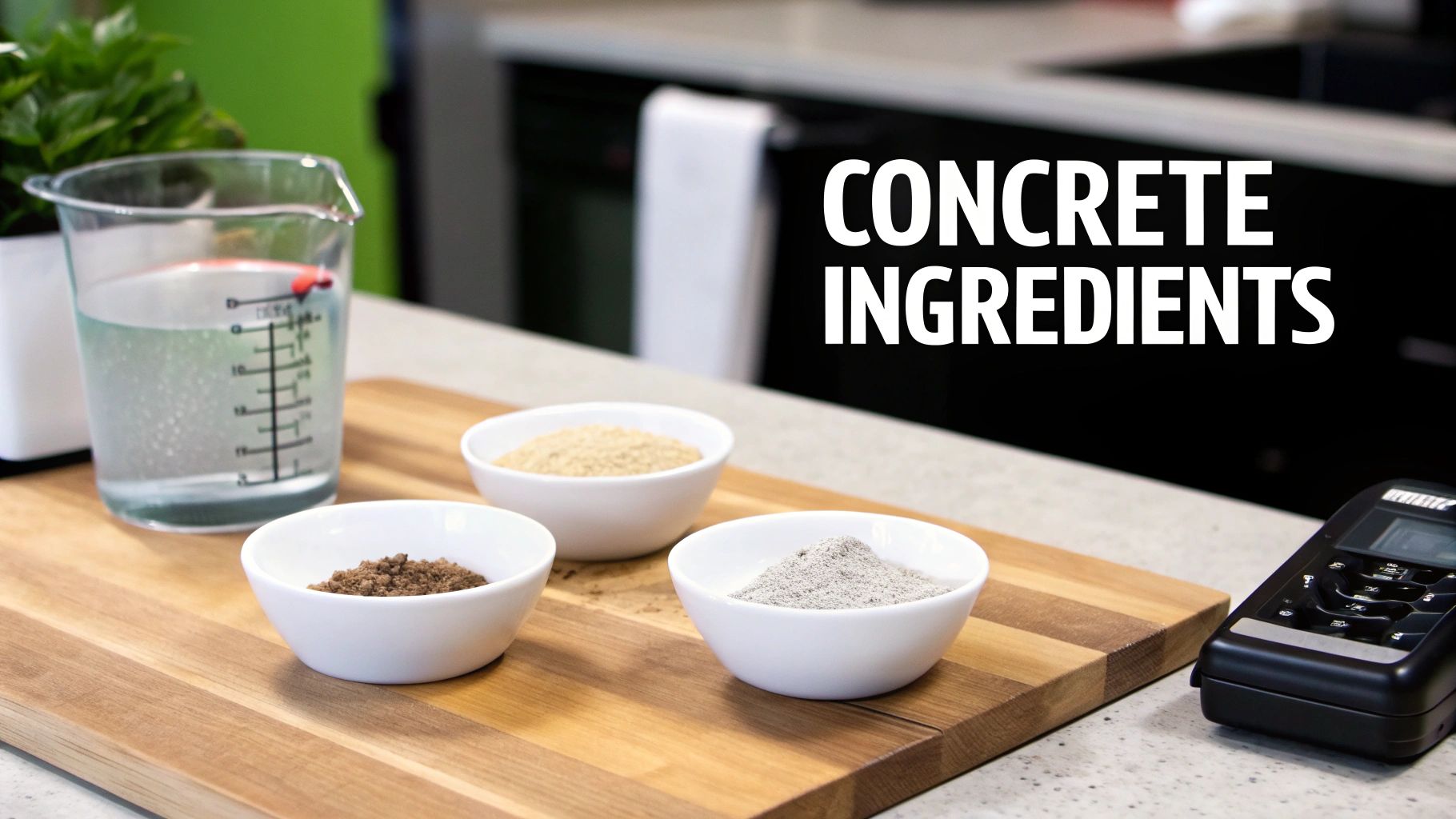 A measuring cup of water and three bowls containing different concrete ingredients on a wooden board.