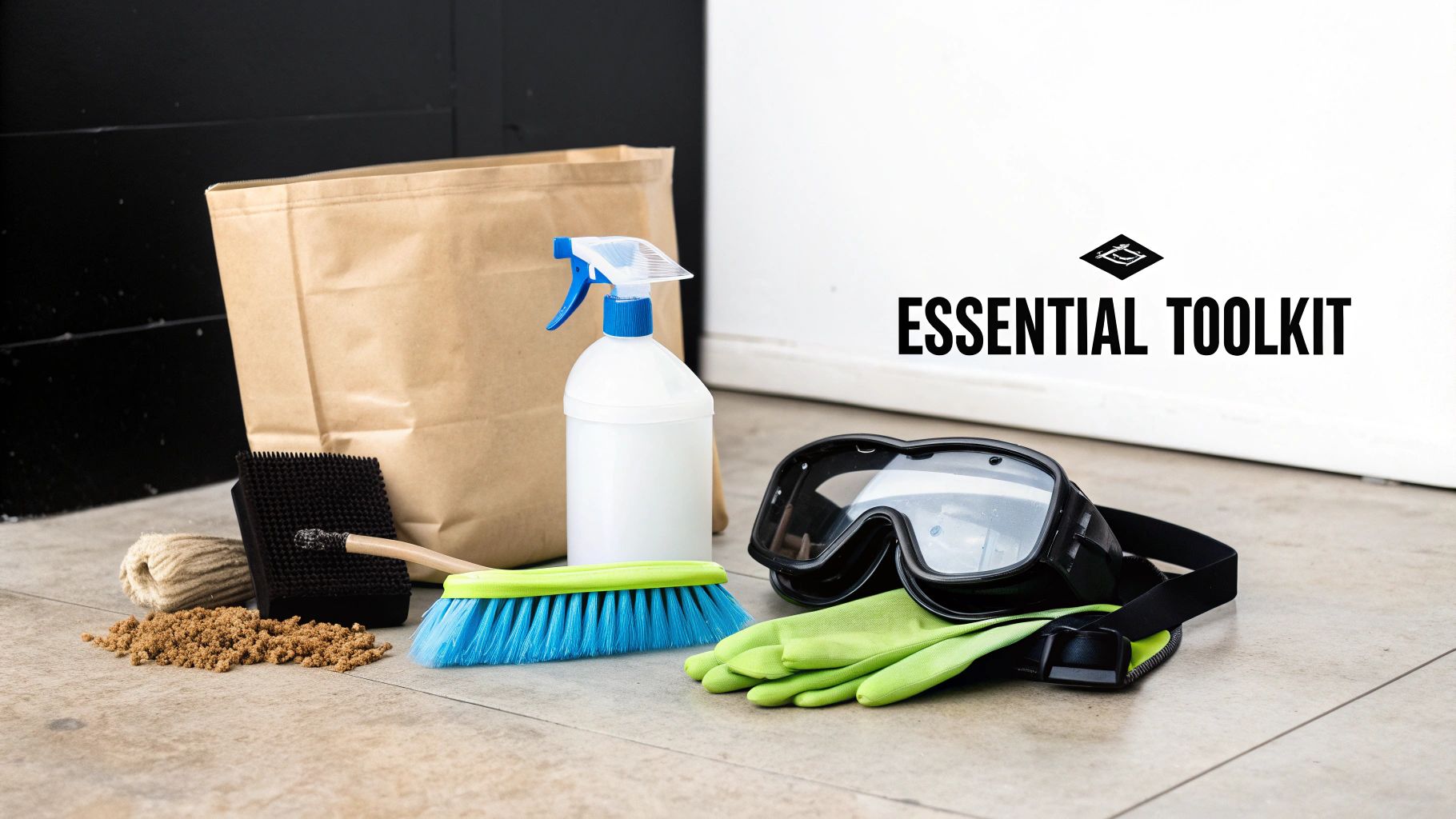 An essential toolkit for cleaning, featuring a spray bottle, broom, gloves, and safety goggles.