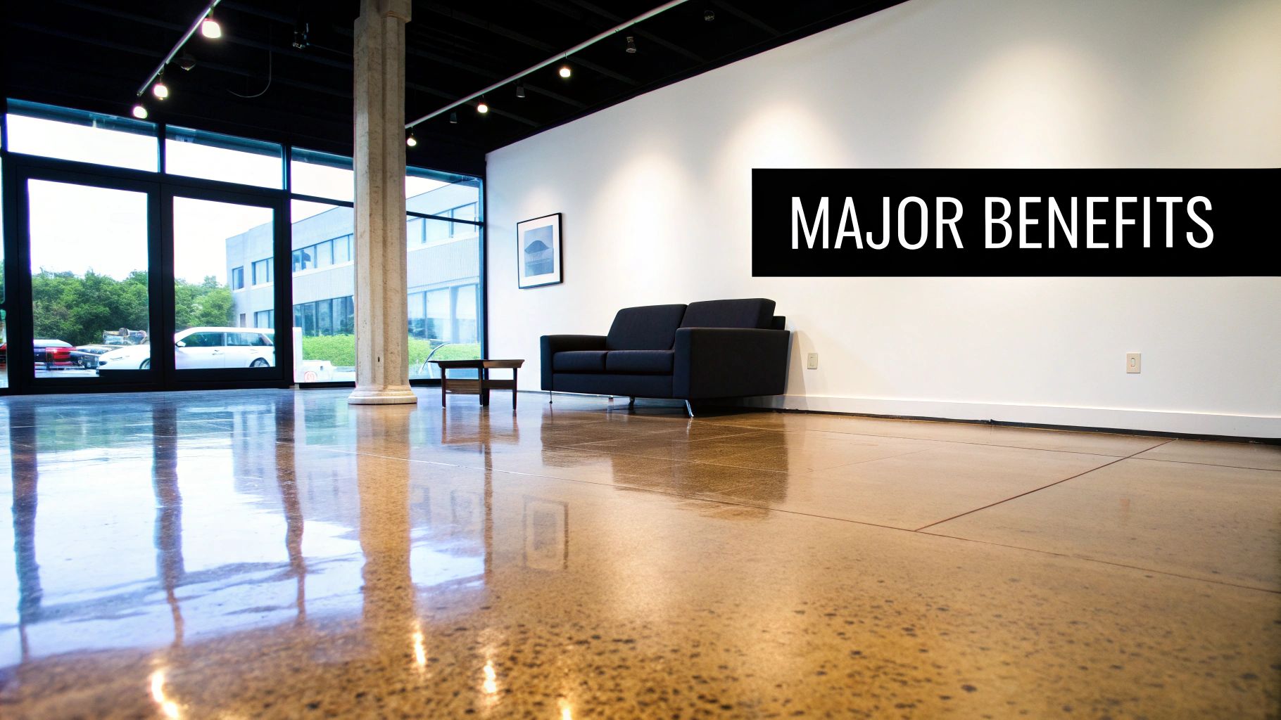 A high-gloss showroom floor with polished concrete reflecting the lights.