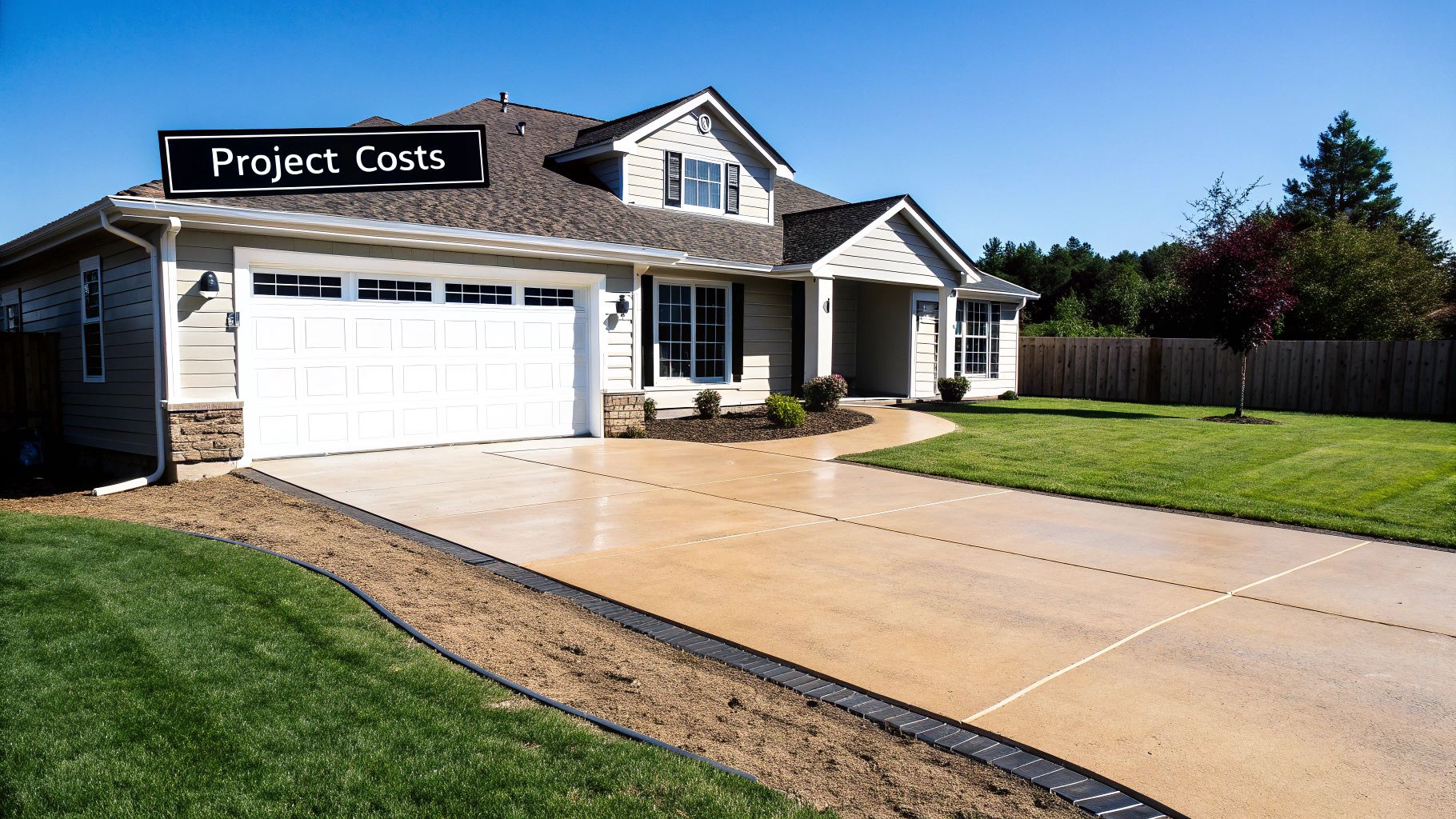 Modern house with a large concrete driveway, green lawn, and a 'Project Costs' sign above.