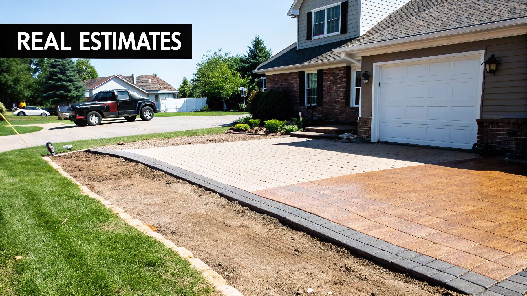 A paver driveway under construction with light and dark pavers in front of a house.