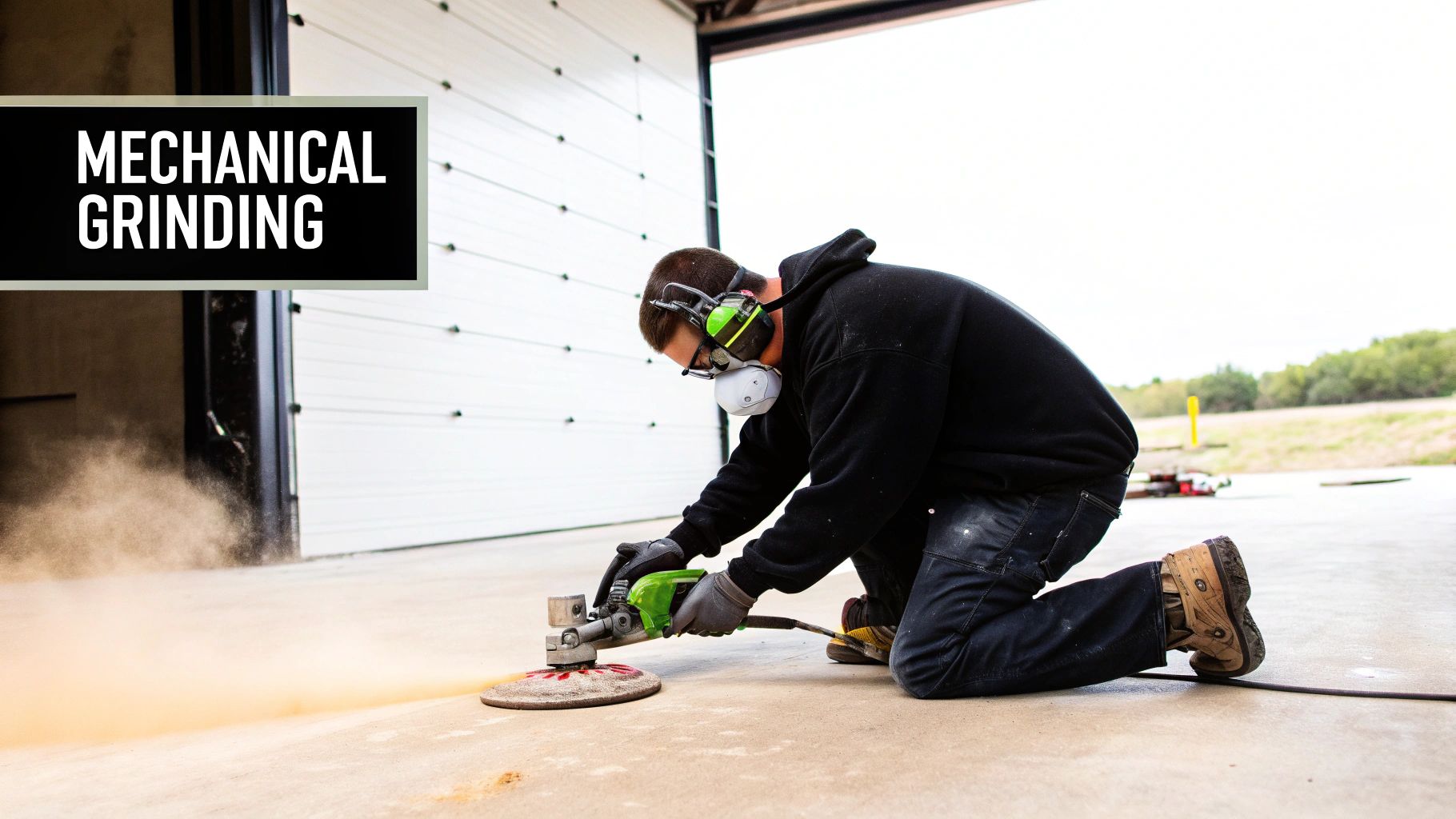 A person wearing safety gear uses a mechanical grinder on a concrete floor, creating dust.